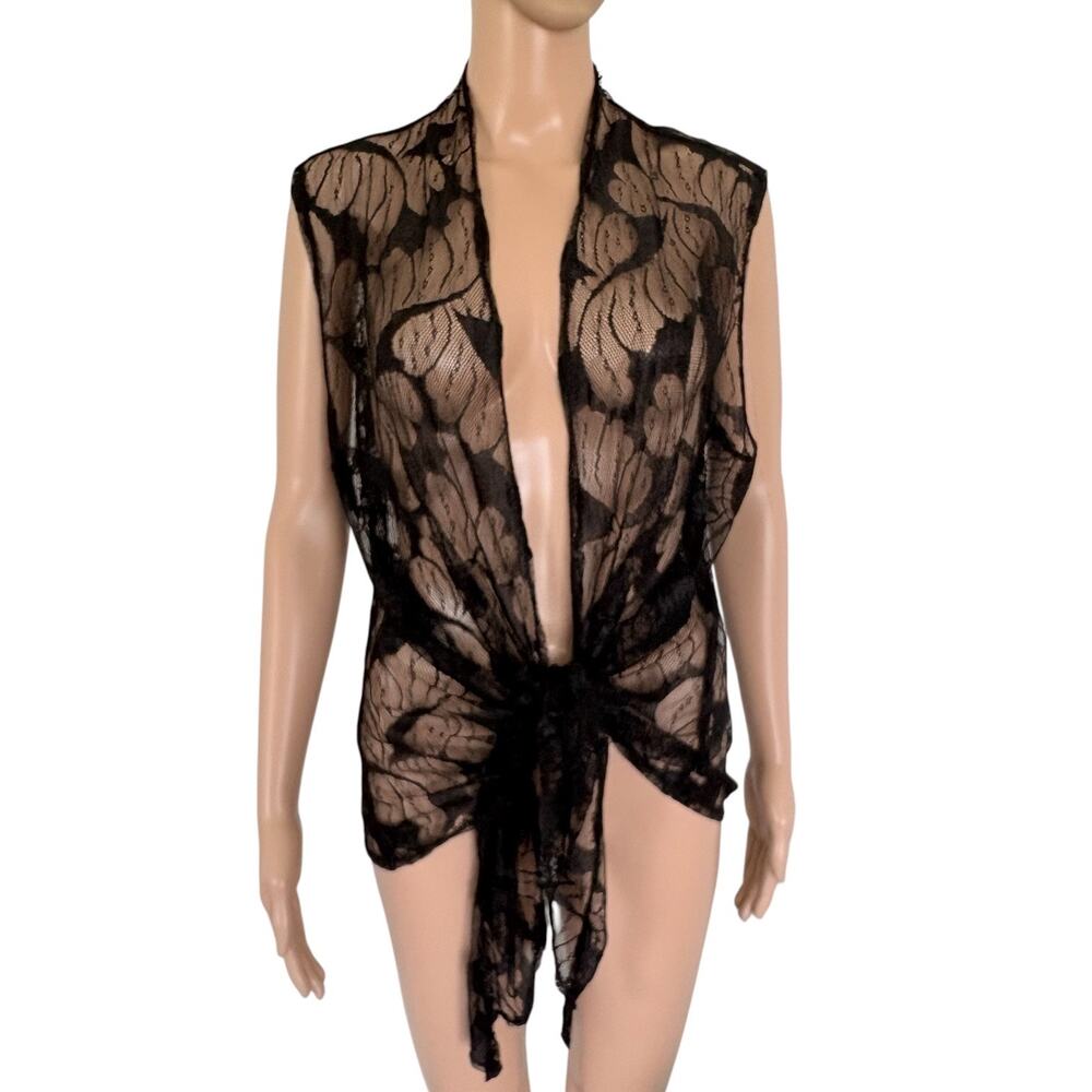 Y2K Bat Lace Duster Vest Goth Fairy Grunge Sheer Halloween Open Front Black